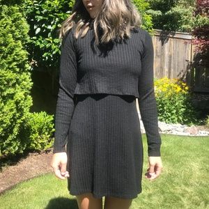 Black Ribbed Layered Long Sleeve Dress